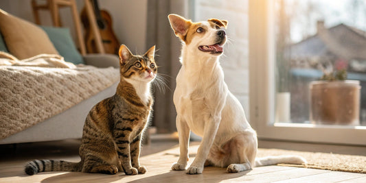 Cat and dog sitting side by side looking attentively – FluffyDen™ Body Language Guide