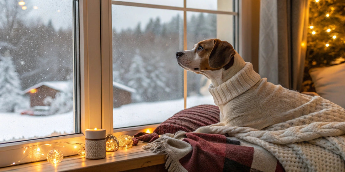 Dog in a cozy sweater looking out the window at snow – FluffyDen™ Winter Essentials