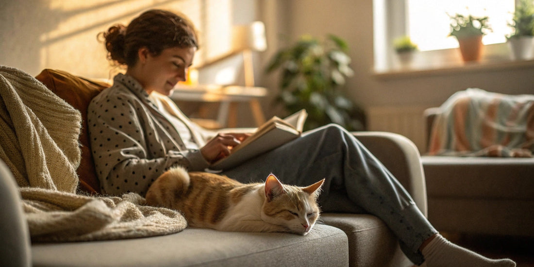 Woman relaxing with a cat on the couch – FluffyDen™ Routine Tips