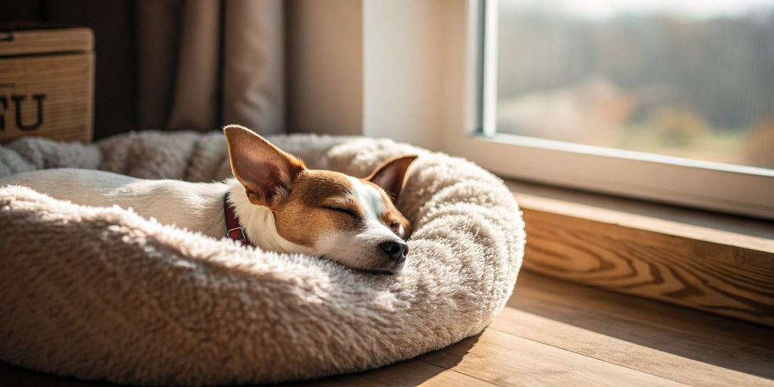 Dog peacefully sleeping in a cozy round pet bed – FluffyDen™ Sleep Space Tips
