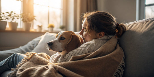 Woman cuddling with her dog on the couch – FluffyDen™ Bonding Tips
