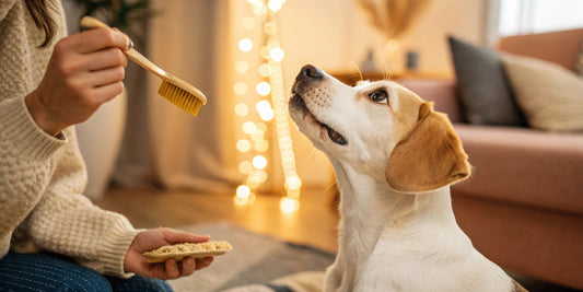 Dog looking at a grooming brush – FluffyDen™ Pet Care Mistakes to Avoid