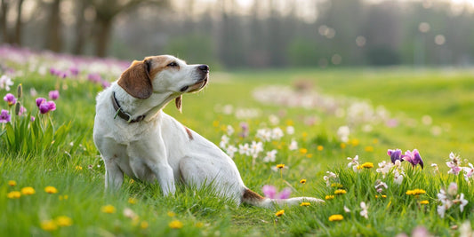 Dog sitting in a blooming spring meadow – FluffyDen™ Spring Allergy Tips