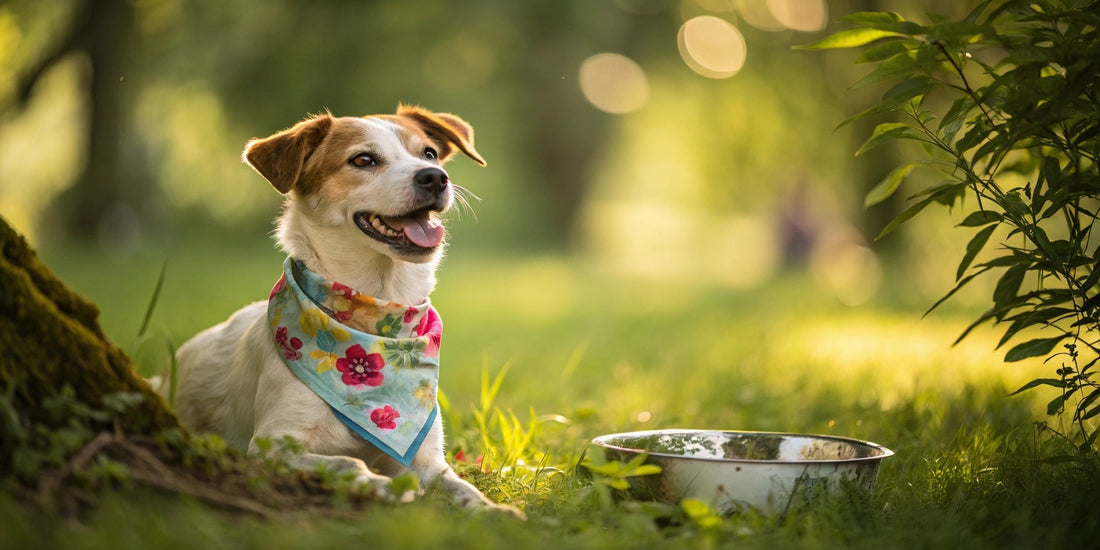 Happy dog resting outdoors in summer with water bowl – FluffyDen™ Summer Tips
