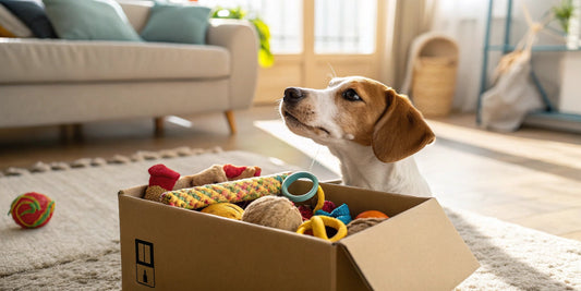 Dog looking at a box full of colorful toys – FluffyDen™ Pet Enrichment Ideas
