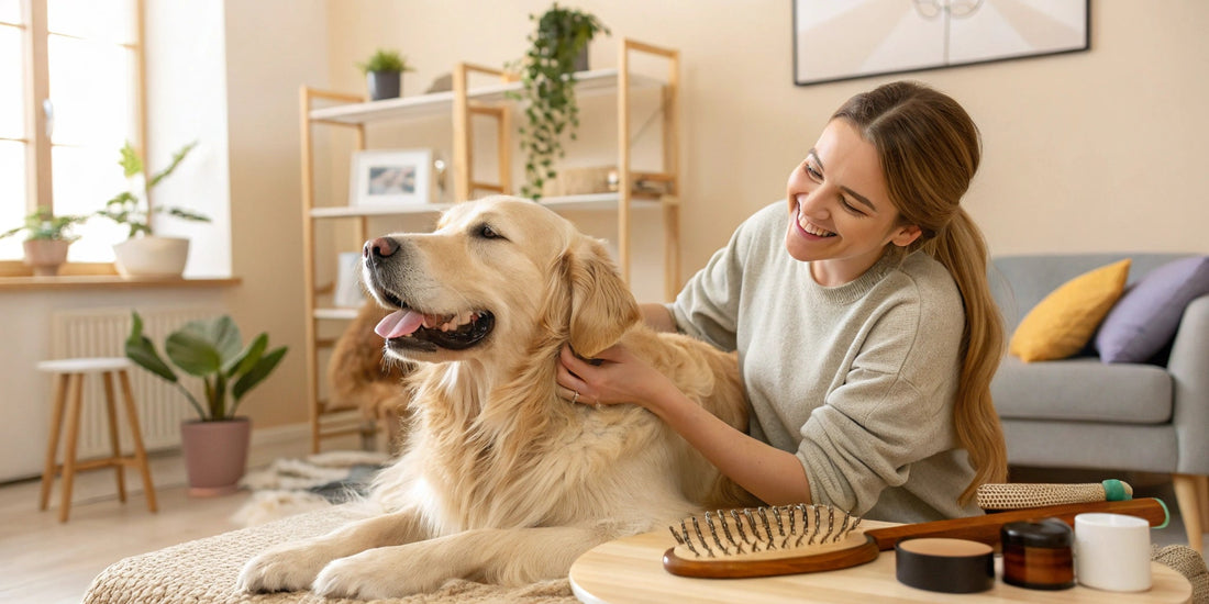 Woman happily grooming a golden retriever dog at home – FluffyDen™ Grooming Tips