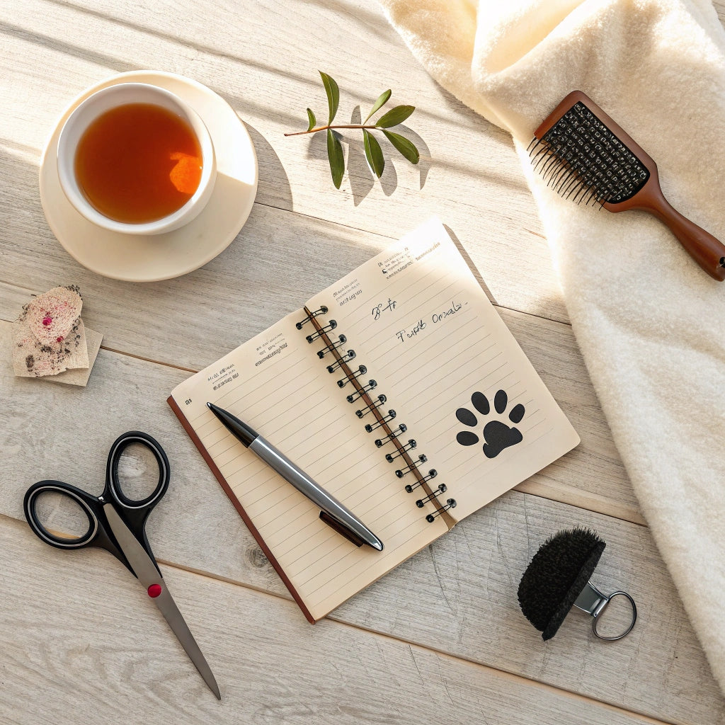 Notebook, tea, and pet grooming tools on a table – FluffyDen™ Trusted Pet Advice