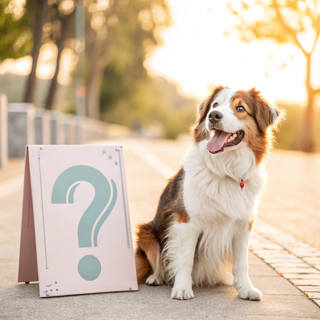 Happy dog sitting next to a question mark sign, representing FluffyDen™ FAQs