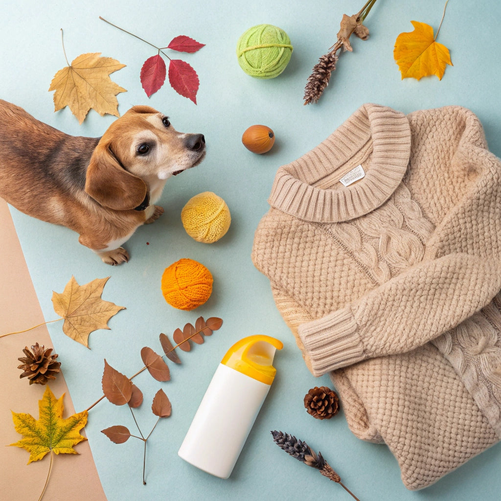 Cozy fall-themed setup with dog and sweater – FluffyDen™ Seasonal Pet Care