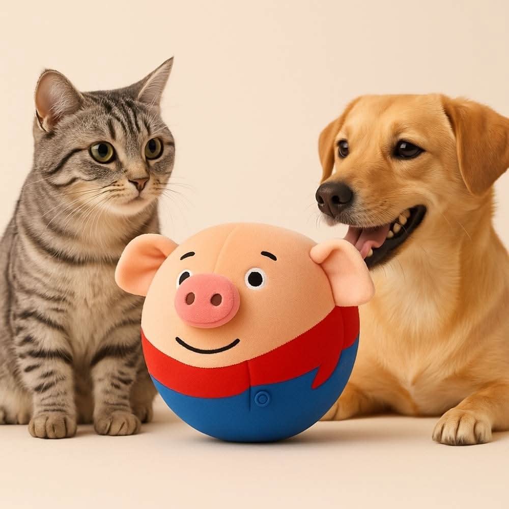 A digital photo of the FluffyDen™ Bouncy Pig toy placed in the center, with a curious cat on the left and a playful dog on the right, all on a soft beige background