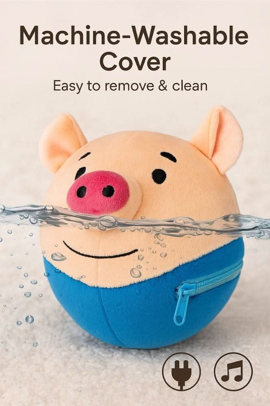 Pig toy partially submerged in water showing washable cover