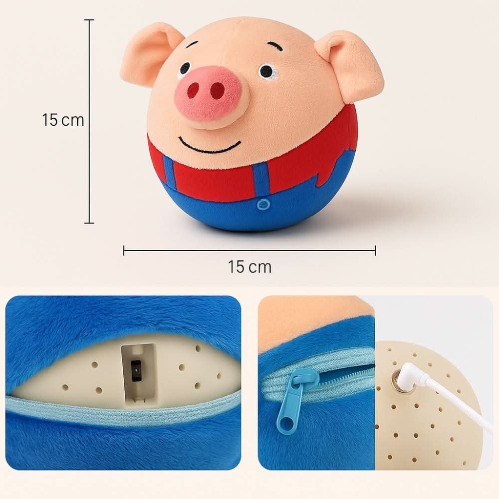 Bouncy pig toy with close-up of zipper, charging port, and internal module