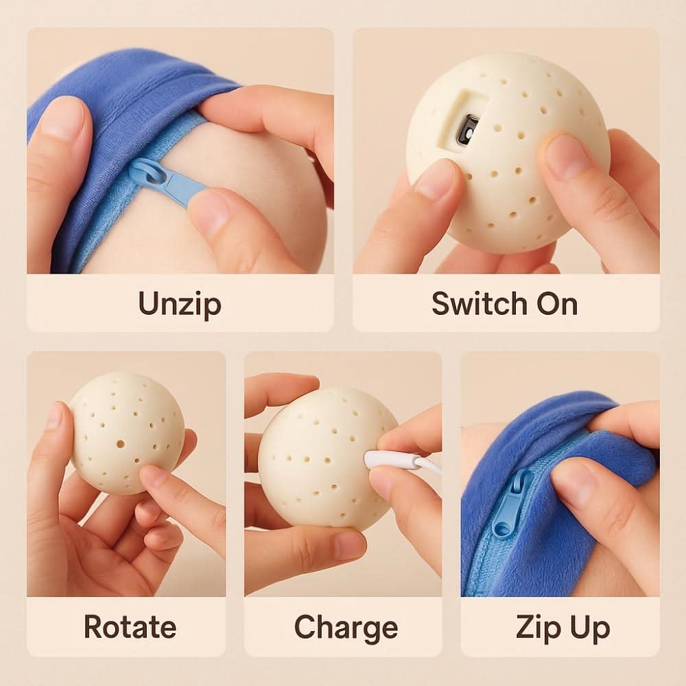 Step-by-step instruction for using and charging the toy ball inside the pig