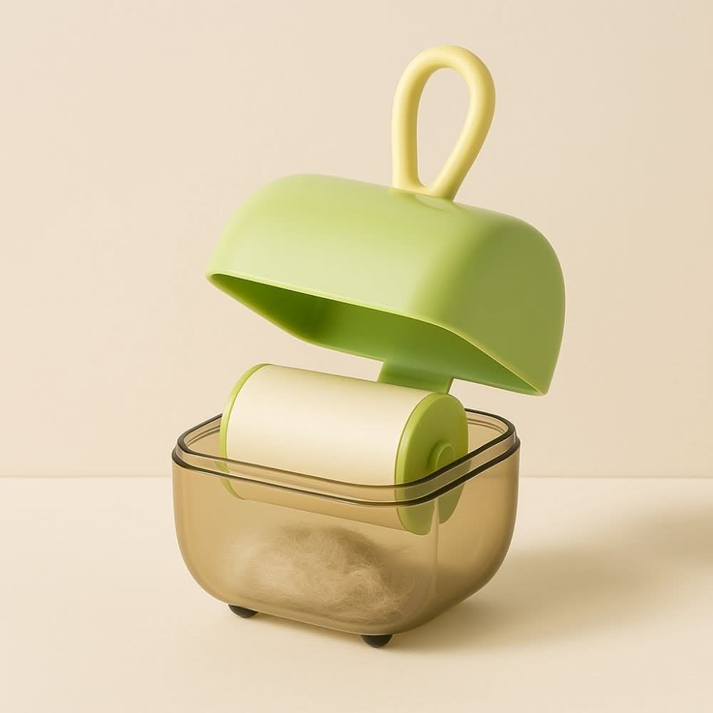 Reusable pet hair remover with green lid open, revealing roller and collected fur inside transparent container