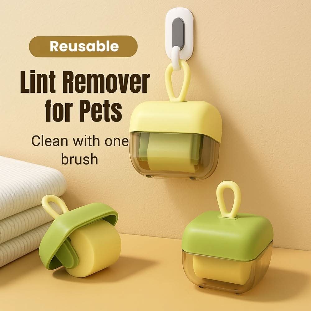 Set of compact reusable lint rollers for pet hair, displayed hanging and placed on flat surface