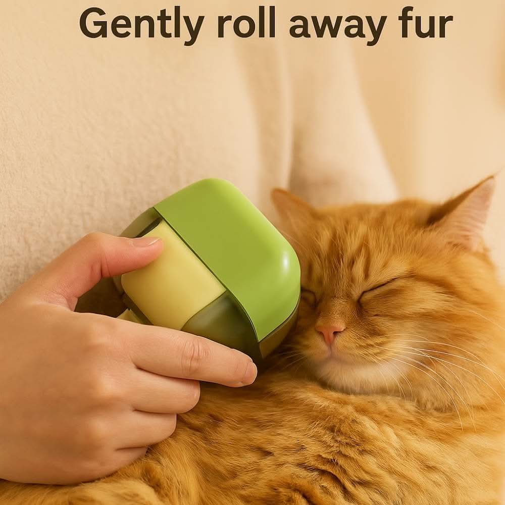 Person gently rolling lint remover on orange cat's fur while it relaxes