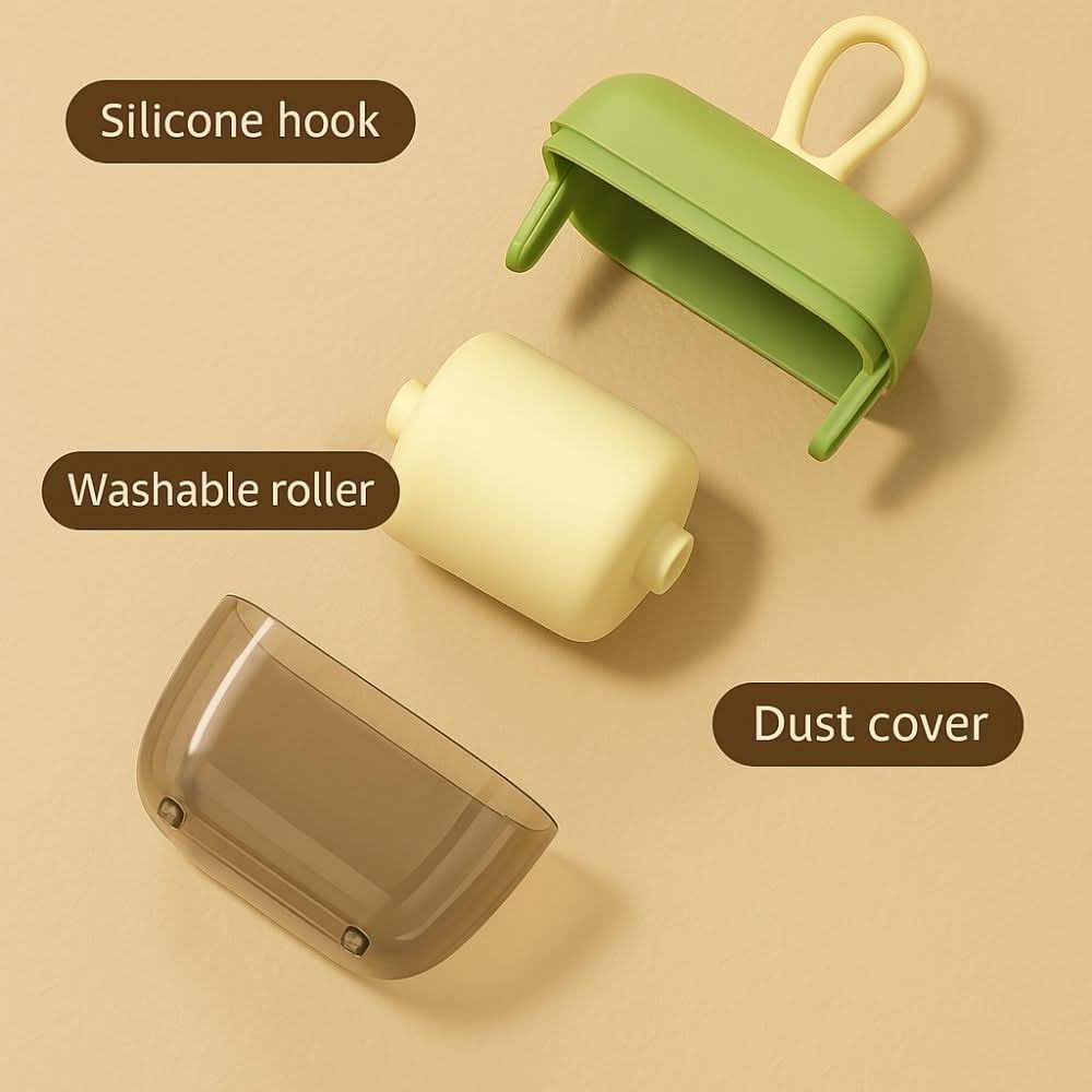 Breakdown of product parts including silicone hook, washable roller, and dust cover