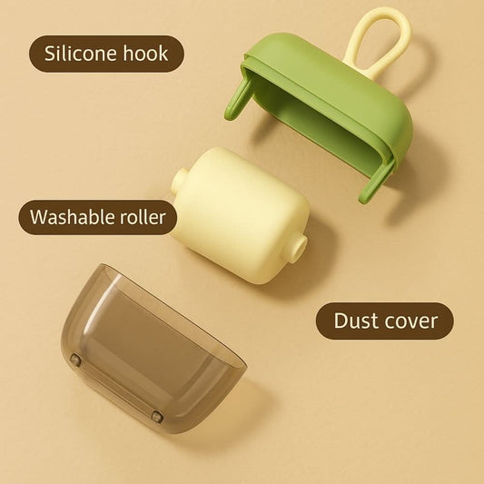 Breakdown of product parts including silicone hook, washable roller, and dust cover