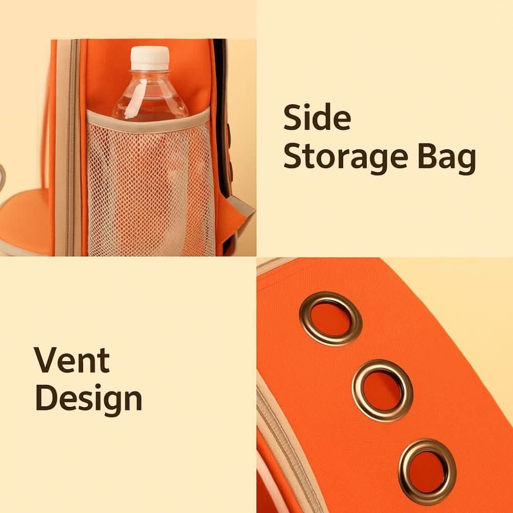 Split image showing the side mesh pocket with water bottle and close-up of air vents on the FluffyDen™ ClearView Pet Backpack.
