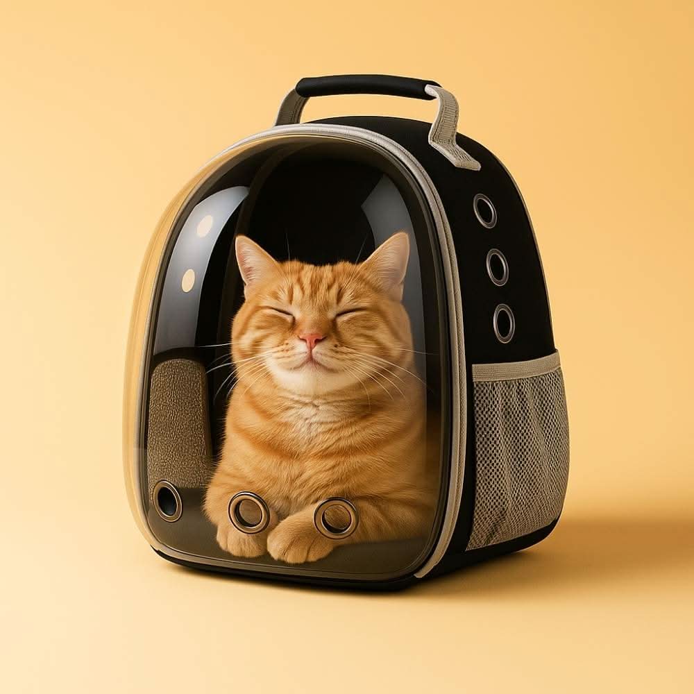 Yellow cat relaxing inside a black transparent pet carrier backpack on a beige background