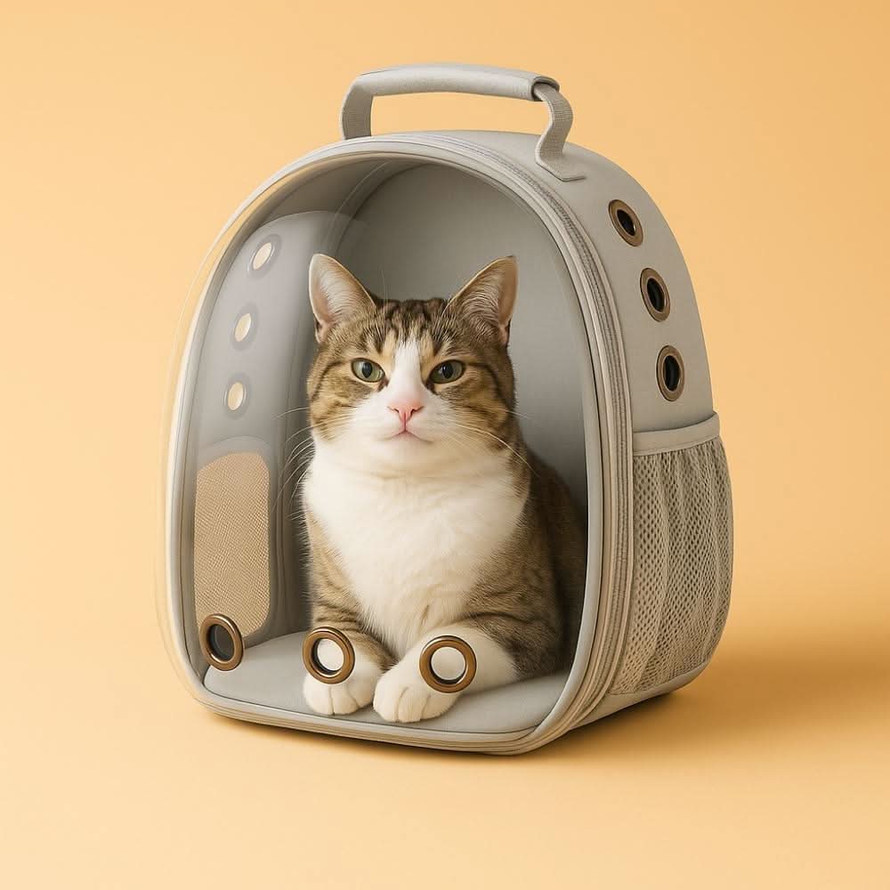 Ginger tabby cat sitting calmly inside a light grey transparent pet carrier backpack