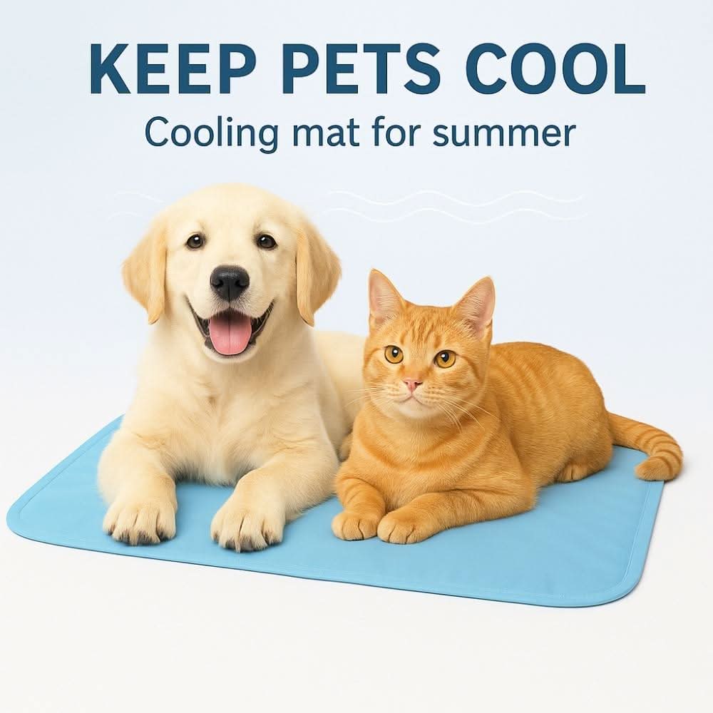 Golden retriever puppy and orange tabby cat lying side by side on a light blue cooling mat against a white background, with the headline “KEEP PETS COOL – Cooling mat for summer” above.