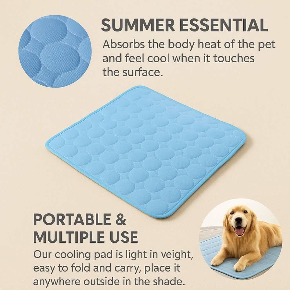 Promotional graphic of a light blue cooling pad on a beige background, with a circular close-up of its quilted texture and a Golden retriever inset, labeled “SUMMER ESSENTIAL” and “PORTABLE & MULTIPLE USE.”