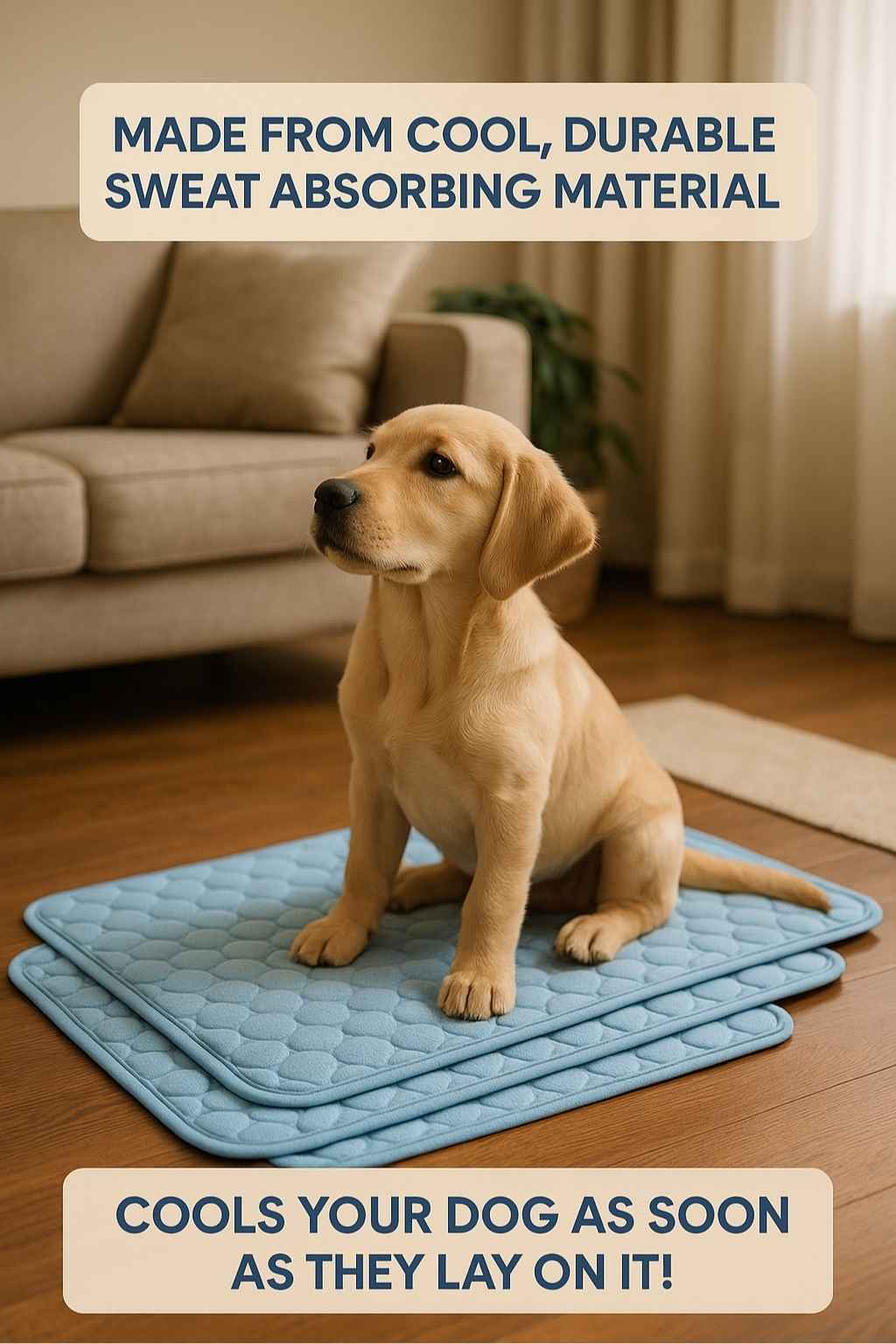 Photorealistic scene of a golden Labrador puppy sitting on three stacked light blue cooling mats on a wooden floor in a living room, with Montserrat-style text reading “MADE FROM COOL, DURABLE SWEAT ABSORBING MATERIAL” above and “COOLS YOUR DOG AS SOON AS THEY LAY ON IT!” below.
