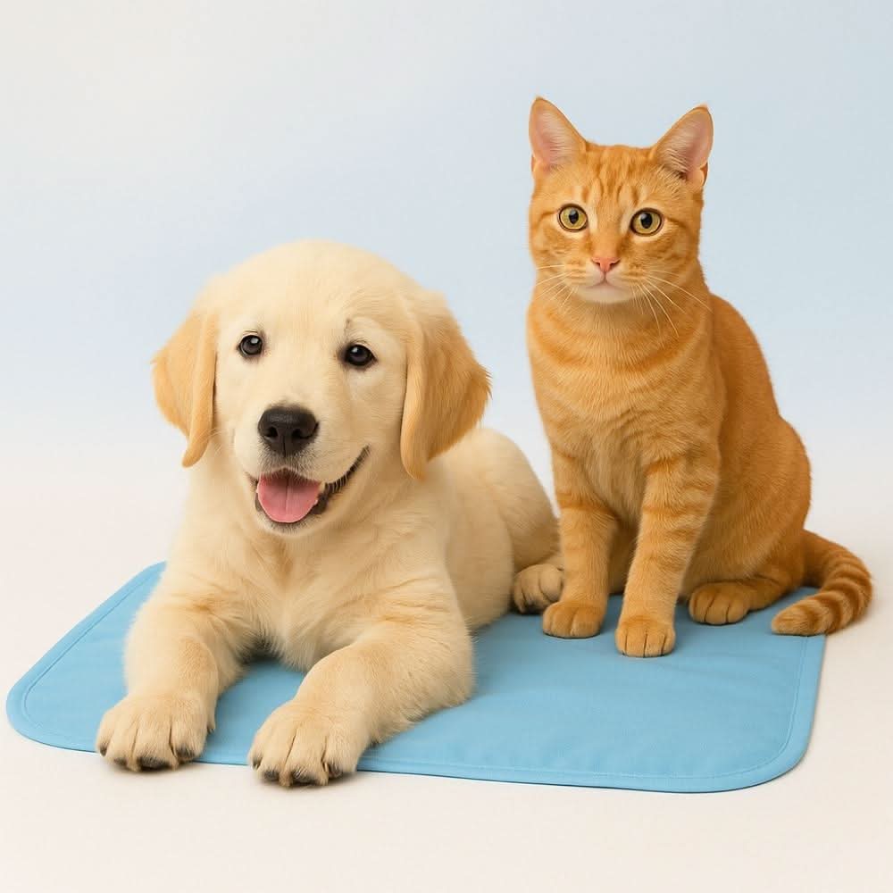 Golden retriever puppy and orange tabby cat lounging on a light blue cooling mat against a soft blue gradient background with the headline “KEEP PETS COOL – Cooling mat for summer” in Montserrat font.