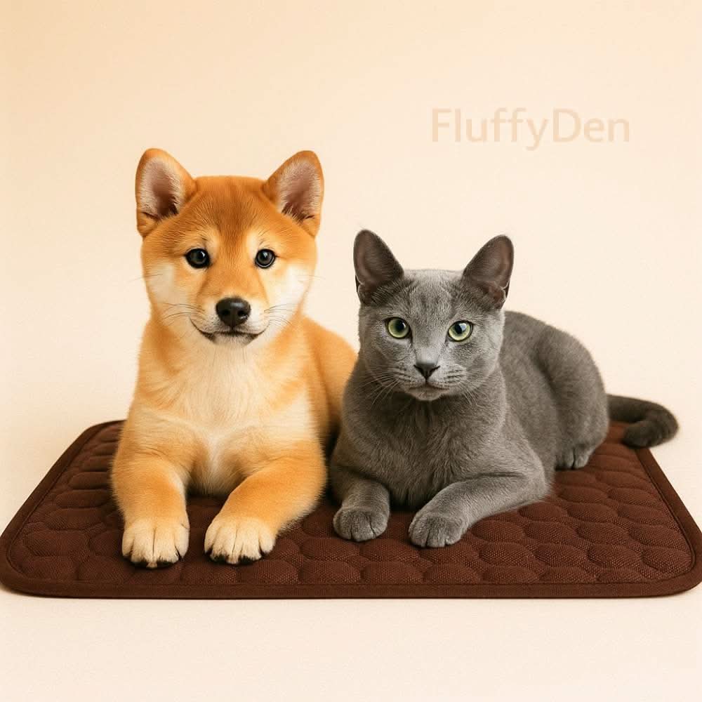 Shiba Inu puppy and Russian Blue cat resting side by side on a dark brown cooling mat against a warm beige background, with a subtle “FluffyDen” watermark.