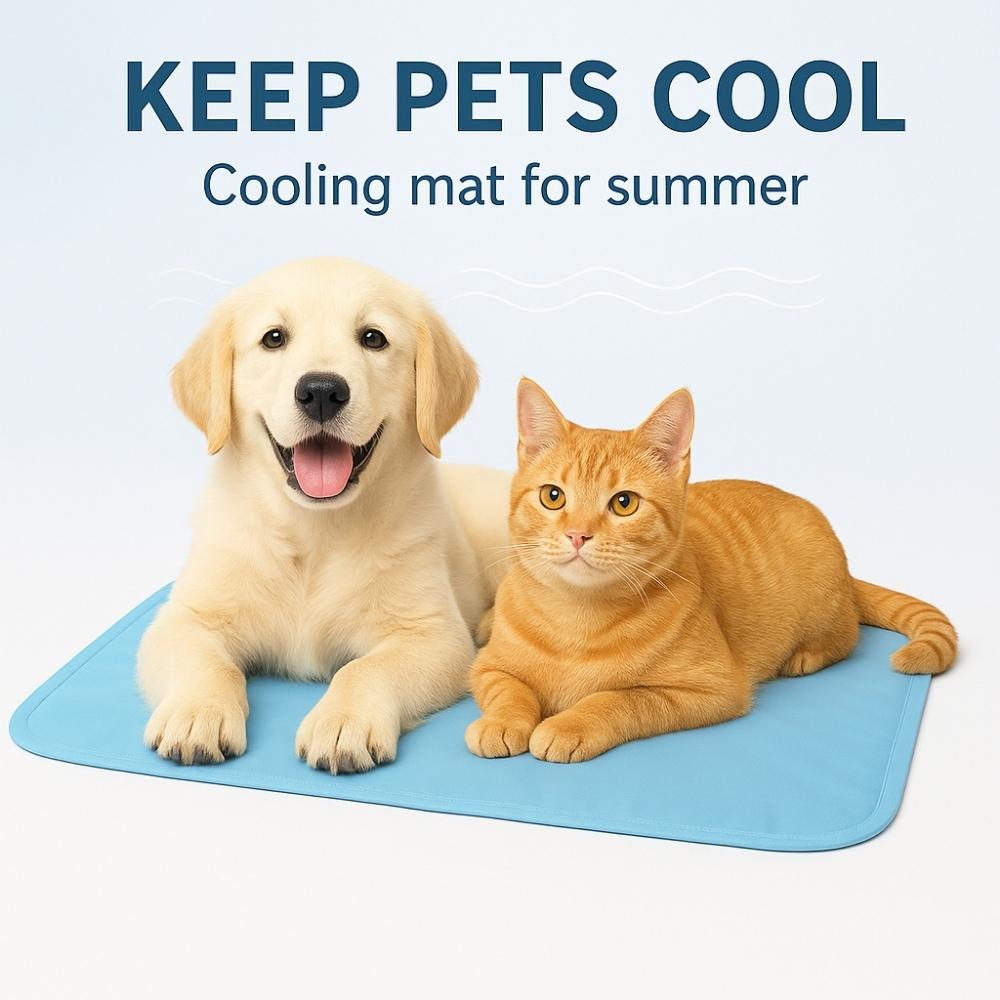 Golden retriever puppy and ginger cat relaxing on a light blue cooling mat — ideal for answering questions about pet comfort in summer.