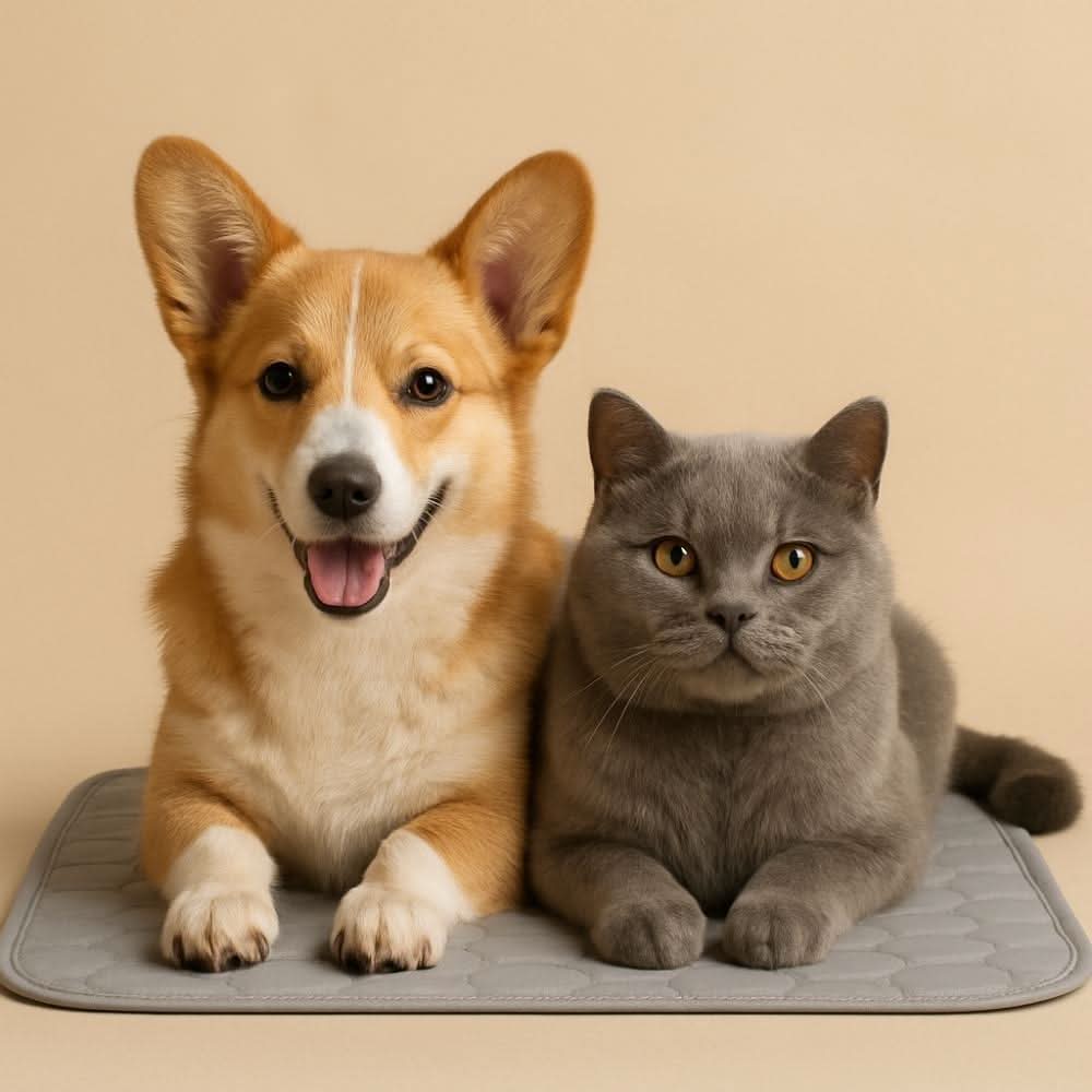 Pembroke Welsh Corgi puppy and British Shorthair cat sitting together on a light gray cooling mat in front of a pale beige backdrop, styled with clean, minimalist composition.