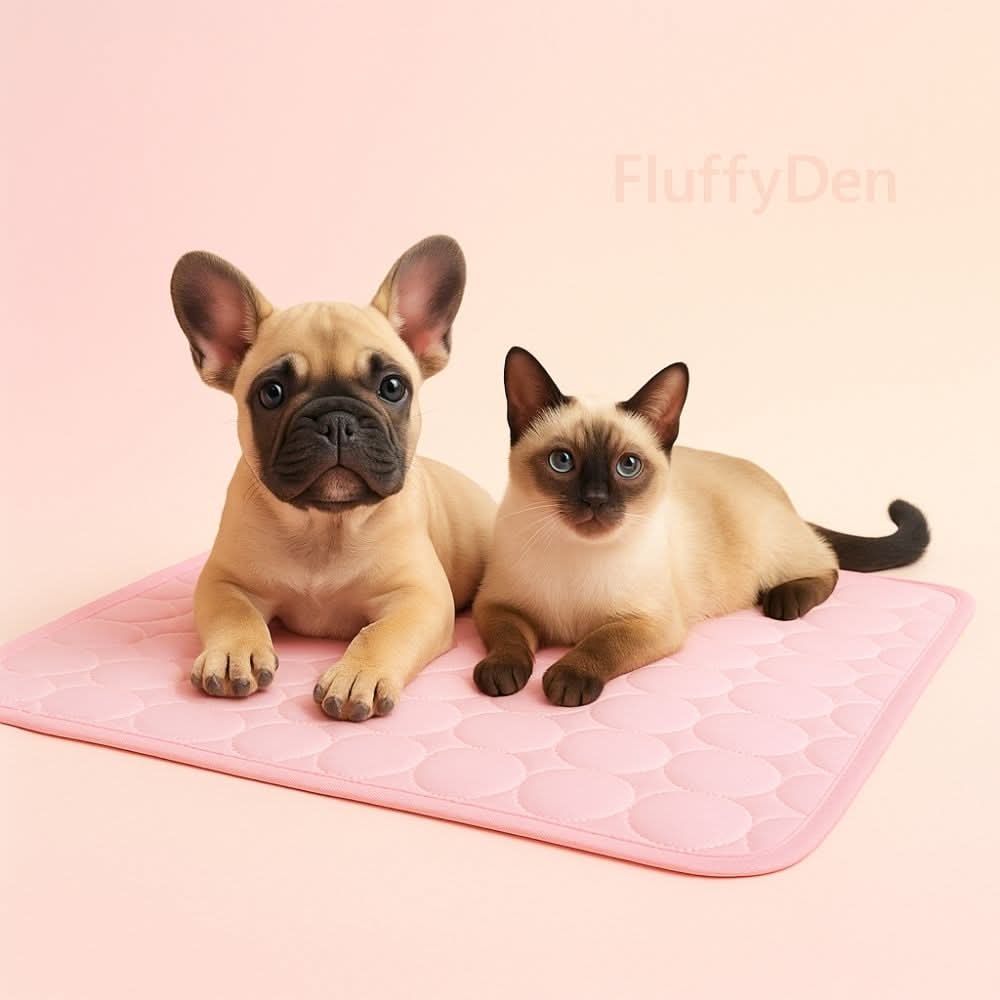 French Bulldog puppy and Siamese cat lying on a pastel pink cooling mat against a gentle pink gradient background, with a faint “FluffyDen” logo in the top corner.
