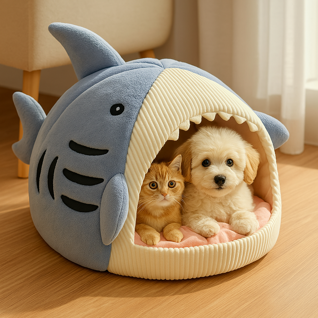 Cat and dog inside shark-shaped Cozy Cave Bed for pets