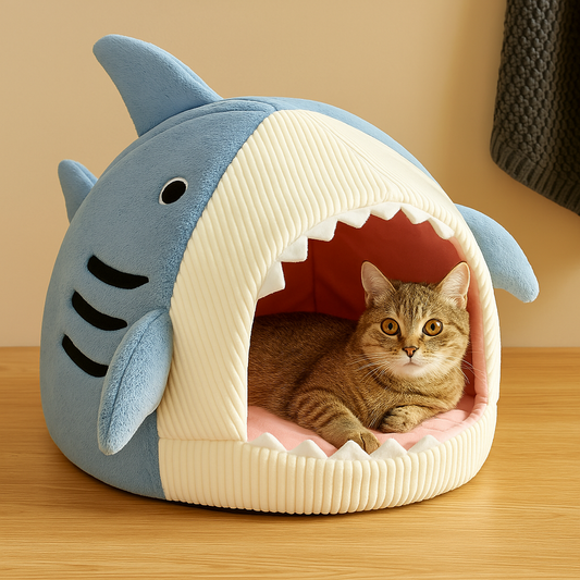 FluffyDen™ Cozy Cave Bed shaped like a shark for cats and dogs