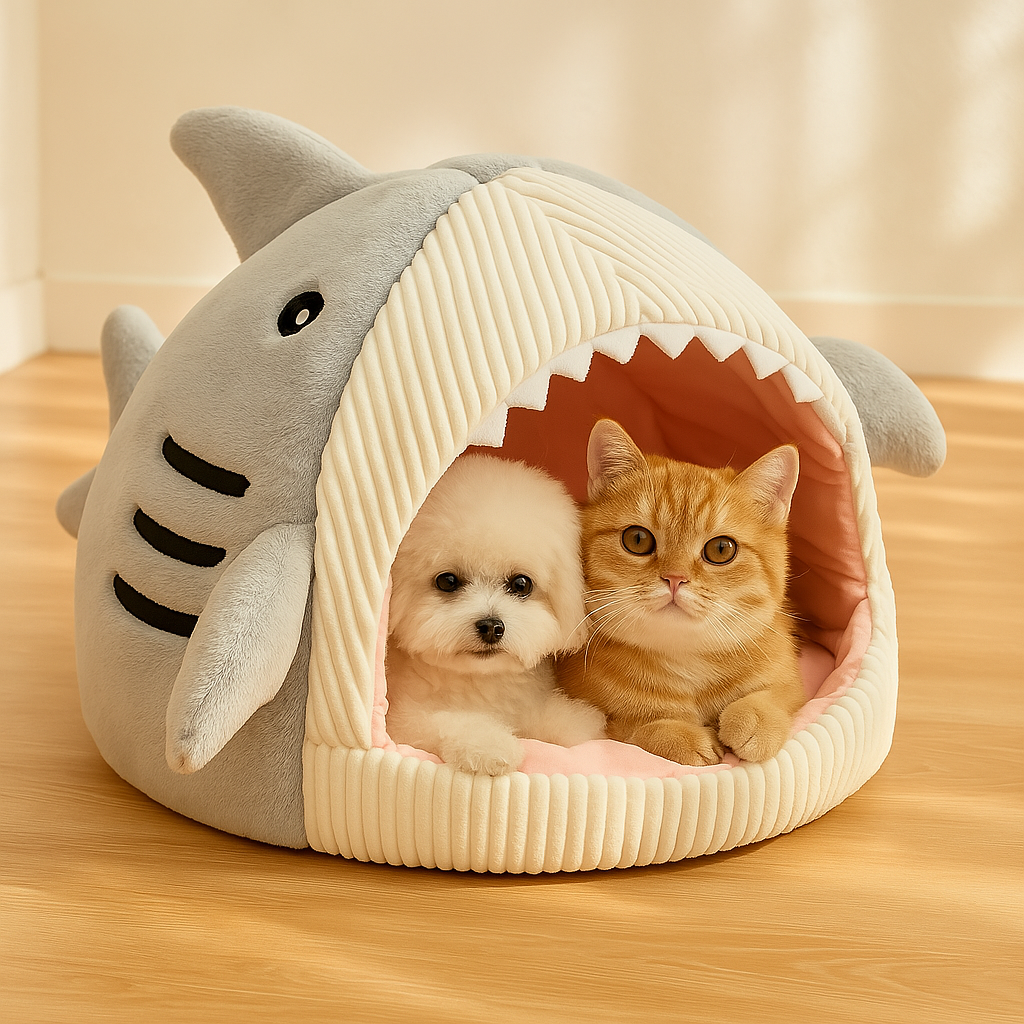 Cat and dog relaxing in shark-shaped Cozy Cave Bed