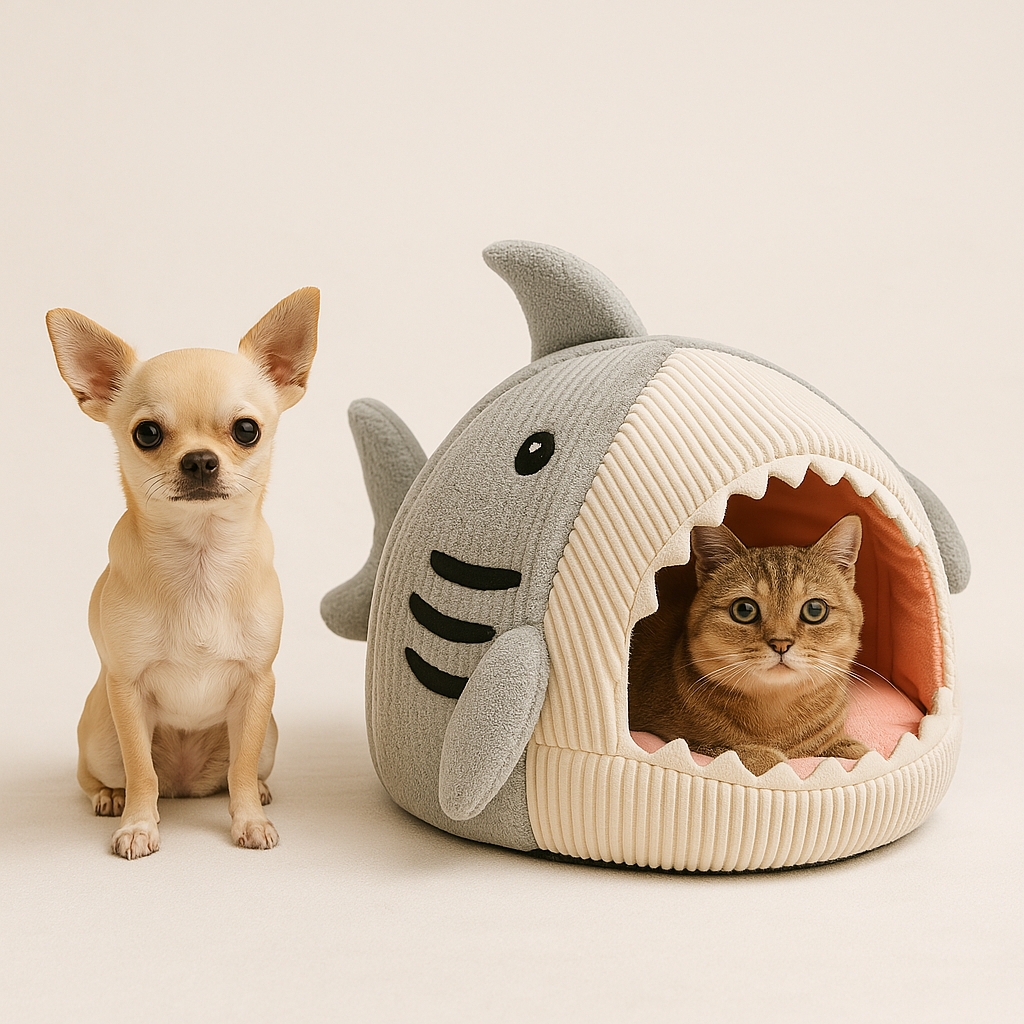 Small dog and cat with FluffyDen™ Cozy Cave Bed in shark design