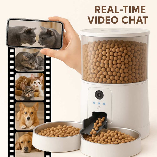 Smart pet feeder with dual bowls and built-in camera showing real-time video chat on smartphone, surrounded by cats and dogs in filmstrip
