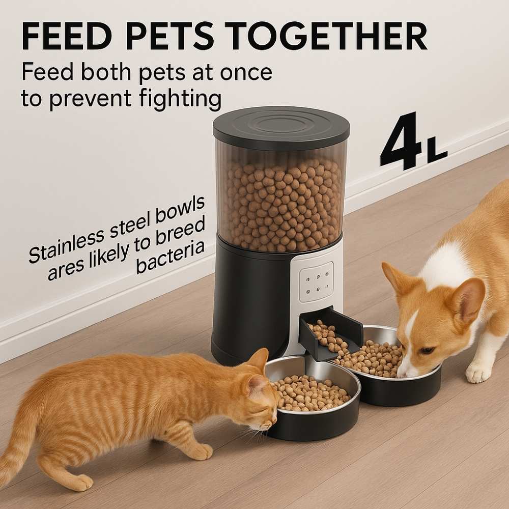 Automatic 4L pet feeder with dual bowls feeding a cat and a dog simultaneously on wooden floor