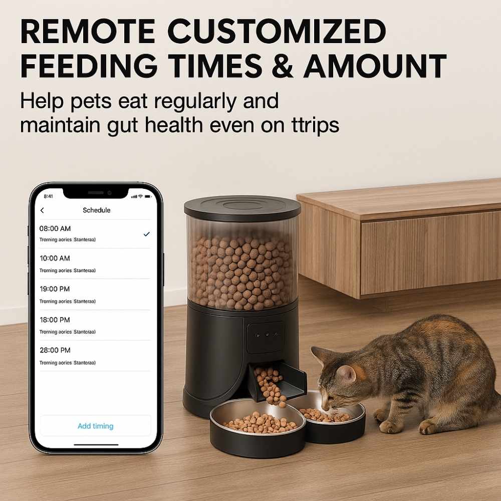 Automatic pet feeder with dual bowls and smartphone app showing custom feeding schedule, cat eating from bowl on wooden floor