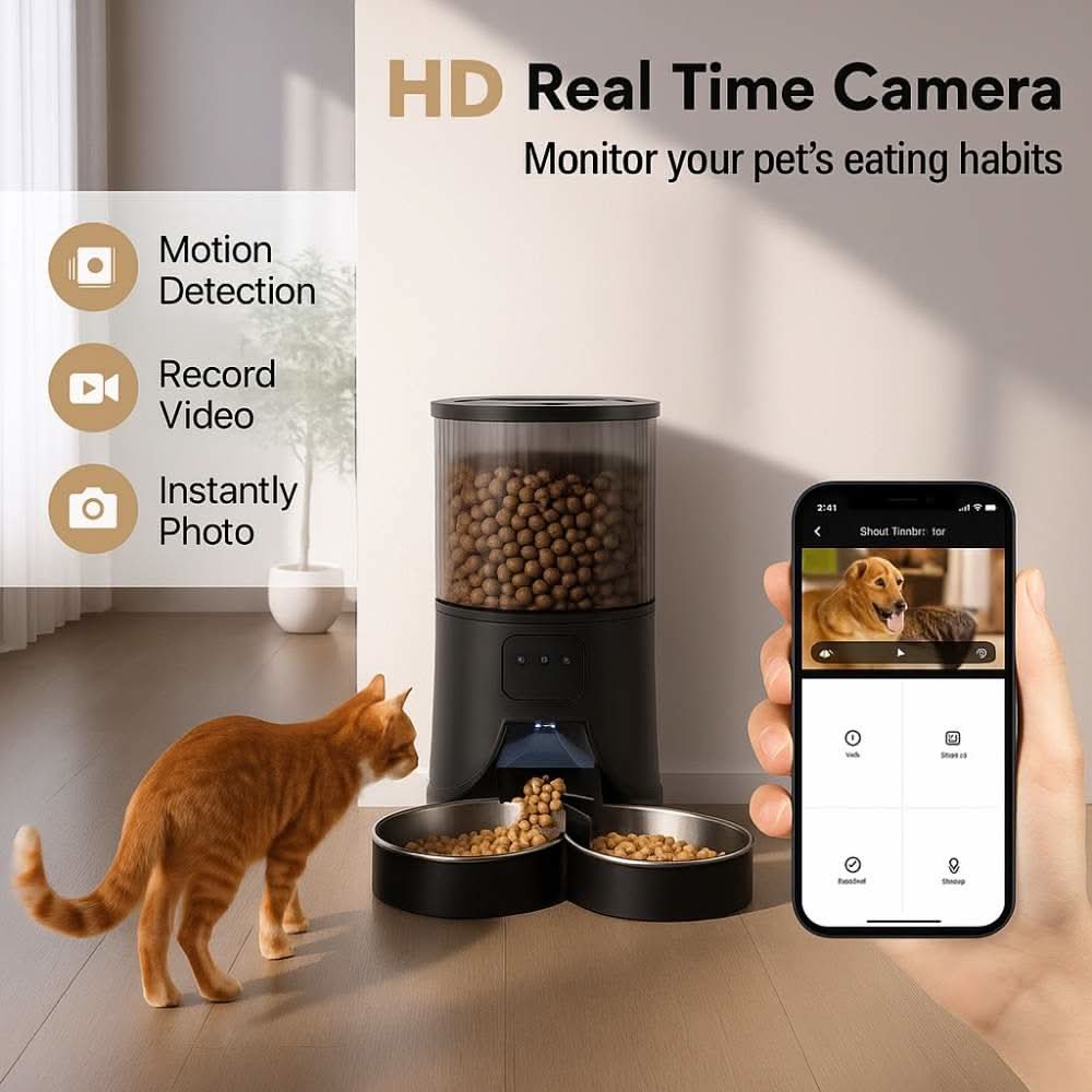 Smart pet feeder with HD camera and motion detection, showing live video of a dog on smartphone while cat eats from dual bowls