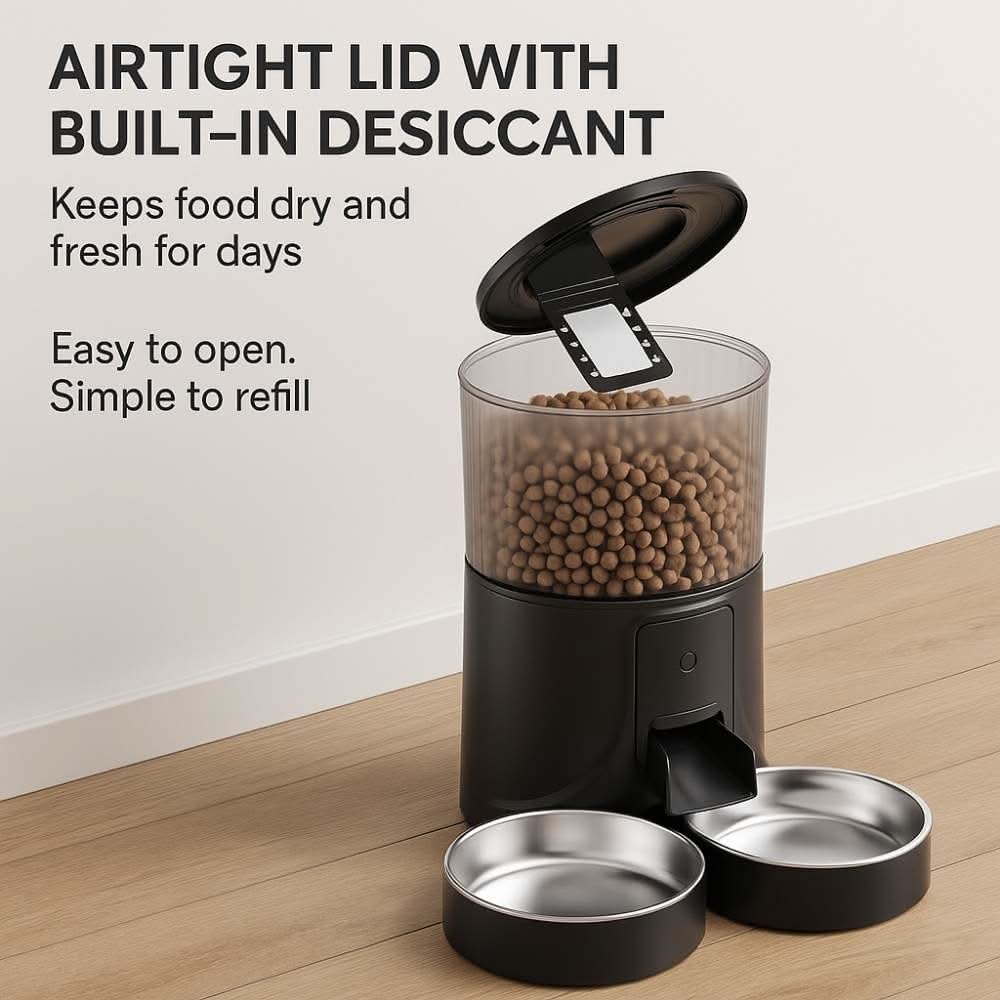 Automatic pet feeder with airtight lid and built-in desiccant, open for refilling with dry food visible inside transparent container