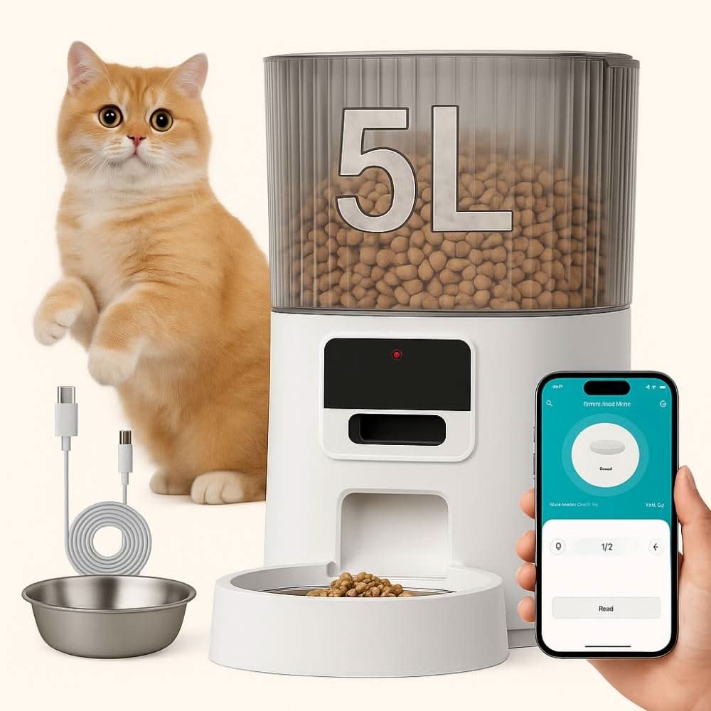 5L single-bowl smart pet feeder in white color with ginger cat, USB cable, stainless steel bowl, and smartphone showing feeding app