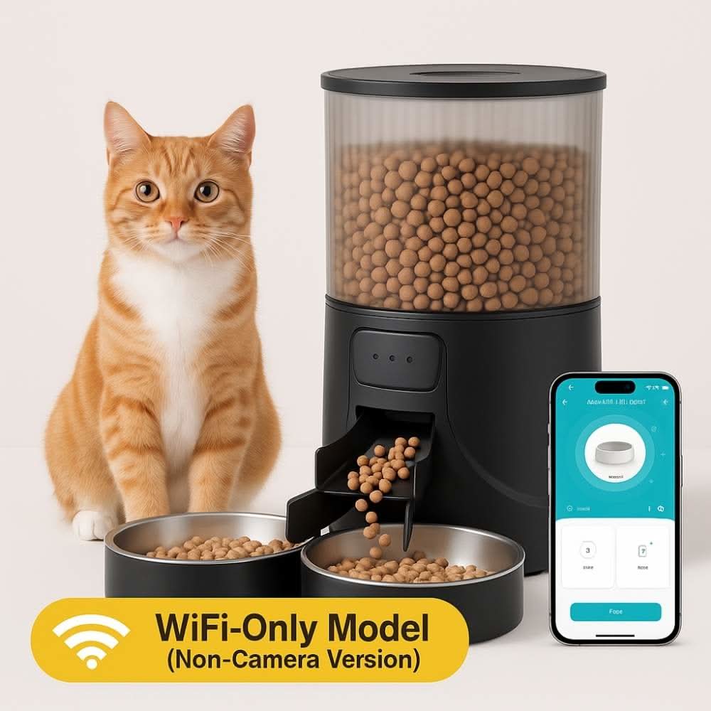 4L dual-bowl automatic pet feeder with ginger cat, WiFi-only model without camera, and smartphone control interface displayed
