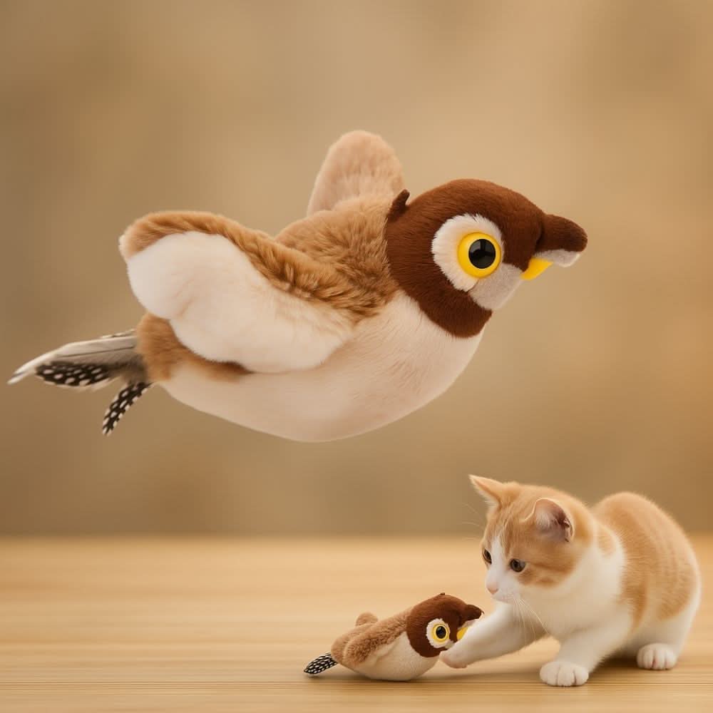 Plush bird toy flying above a playful kitten reaching out on a wooden surface.