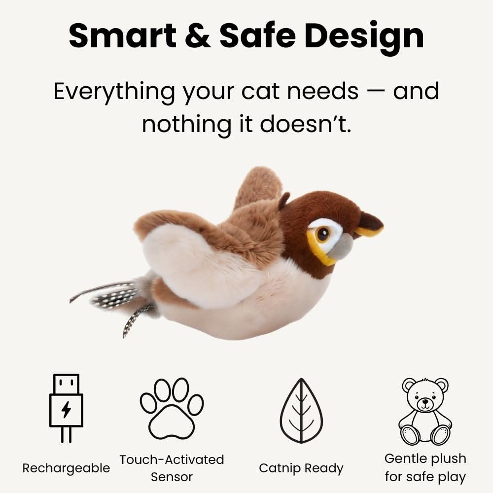 Fluffy brown bird toy with icons for rechargeability, touch sensor, catnip, and safe plush design.