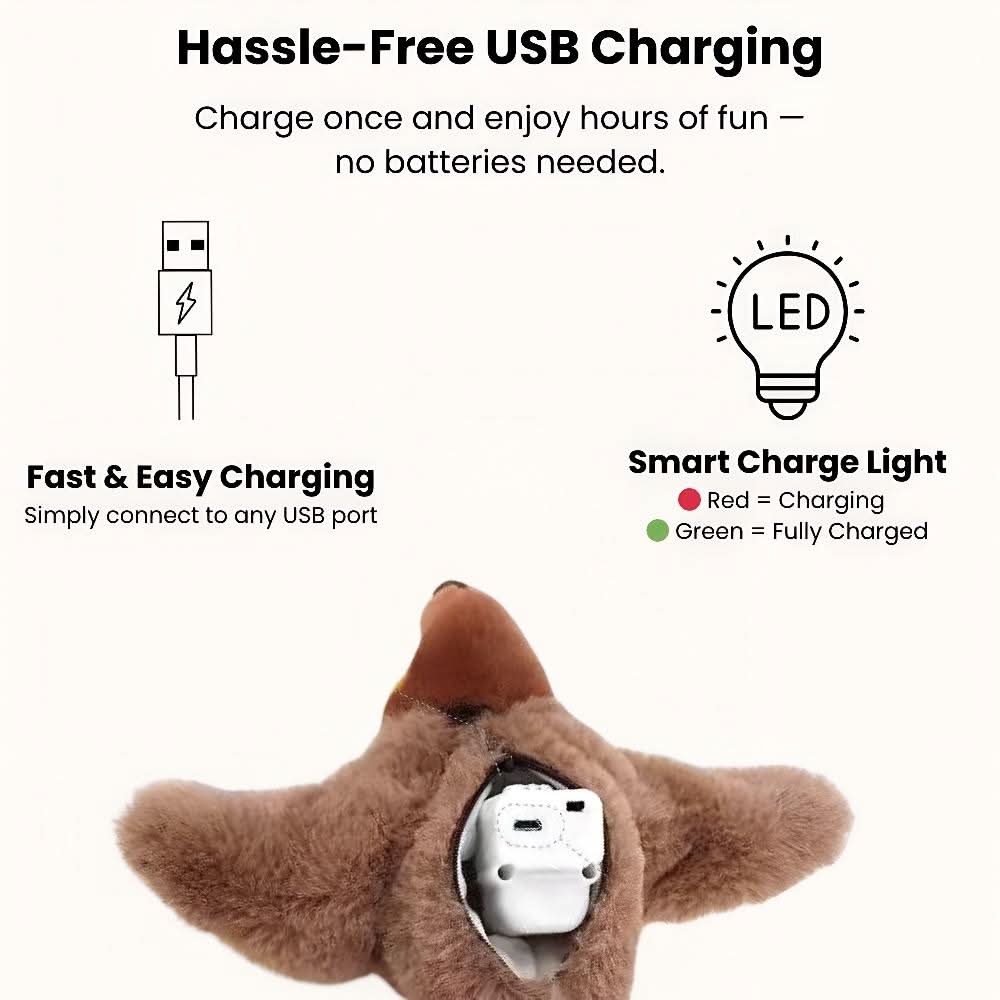 Internal view of bird toy showing USB charging mechanism and smart charge indicator.