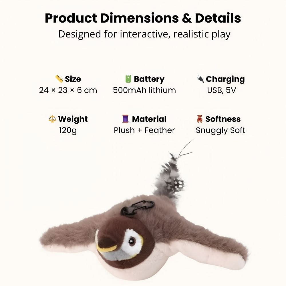 Bird toy specifications with size, battery, material, and softness icons.