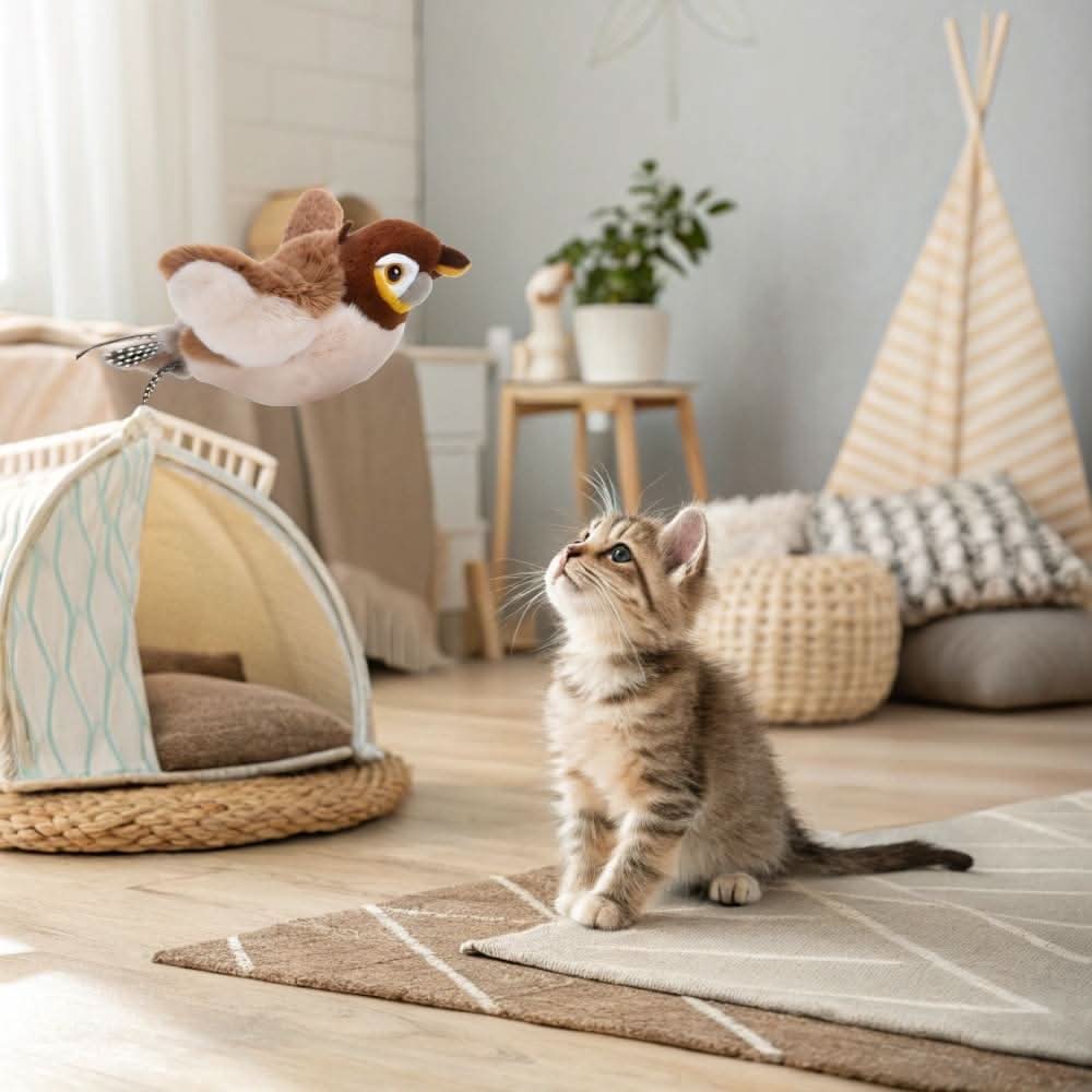 Curious kitten staring at a flying plush bird toy inside a cozy home setting.