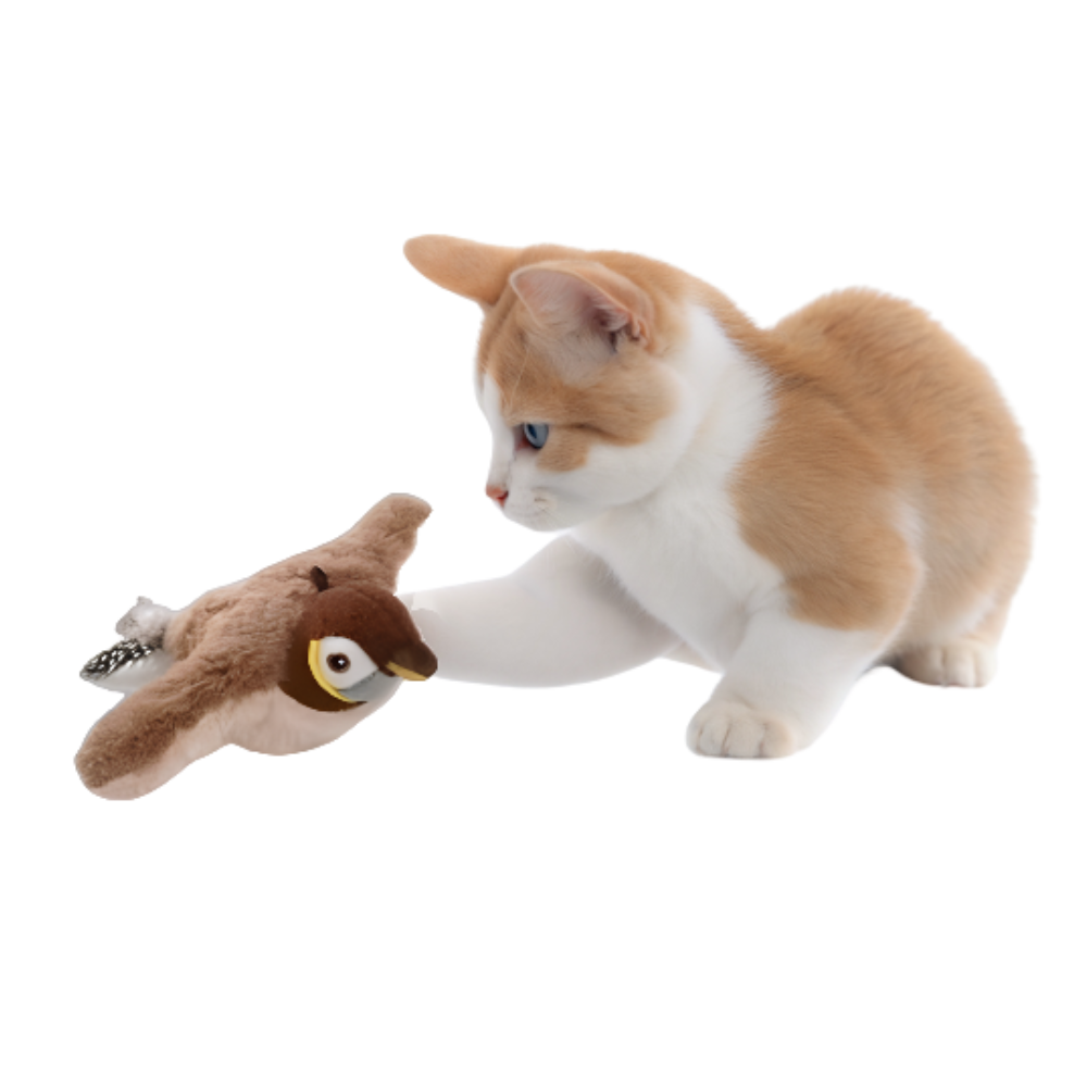 Curious kitten playing with FluffyDen™ Interactive Plush Bird Cat Toy